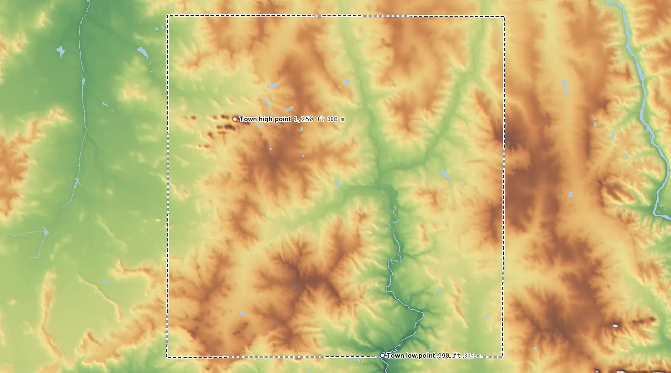 Topographic elevation map of Seif, Wisconsin, shaded from 990 ft on the south side to 1,250 ft on the west side