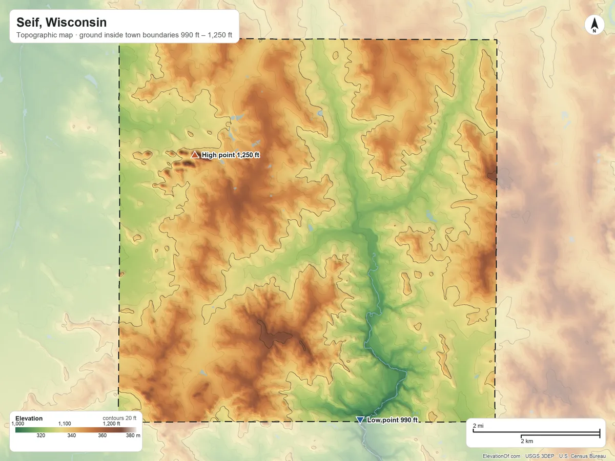 Topographic elevation map of Seif, Wisconsin, shaded from 990 ft on the south side to 1,250 ft on the west side
