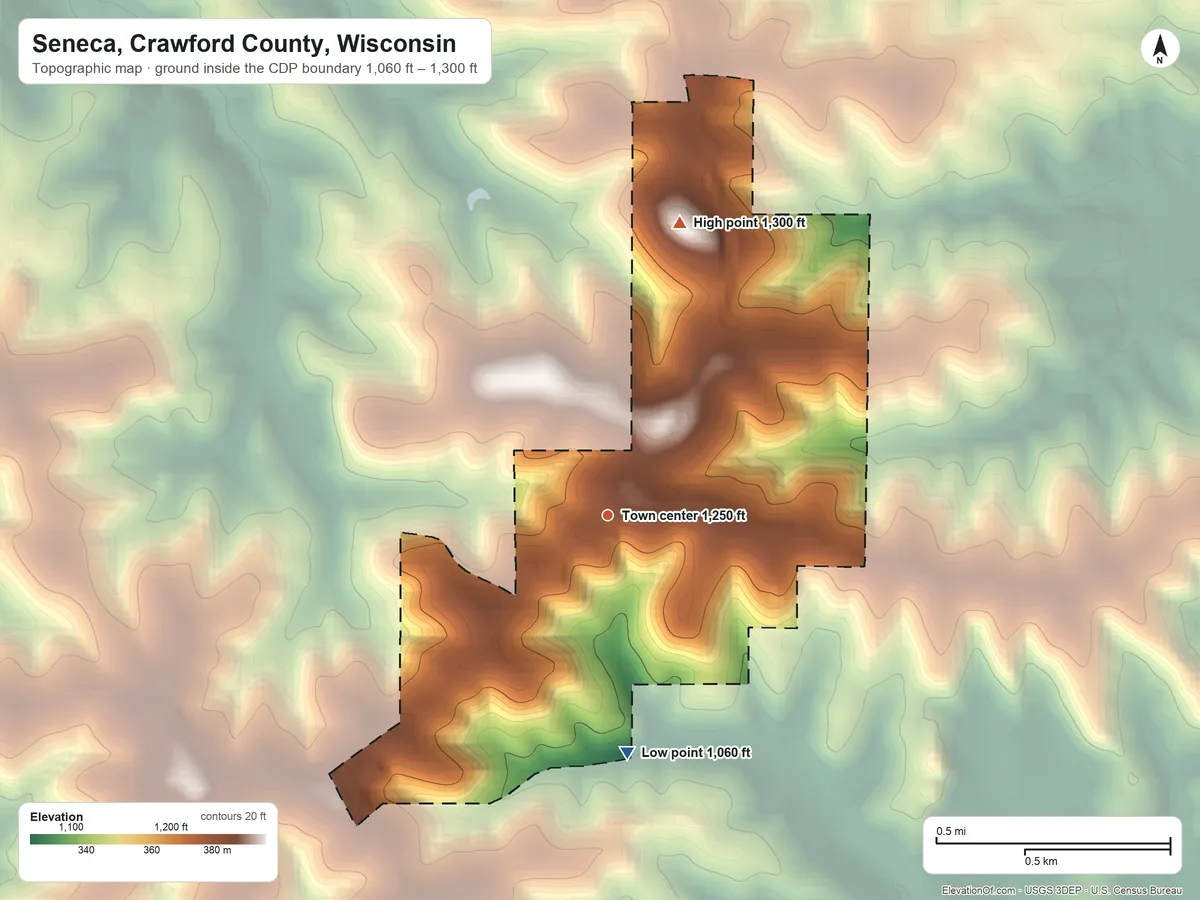 Topographic elevation map of Seneca, Crawford County, Wisconsin, shaded from 1,060 ft on the south side to 1,300 ft on the north side