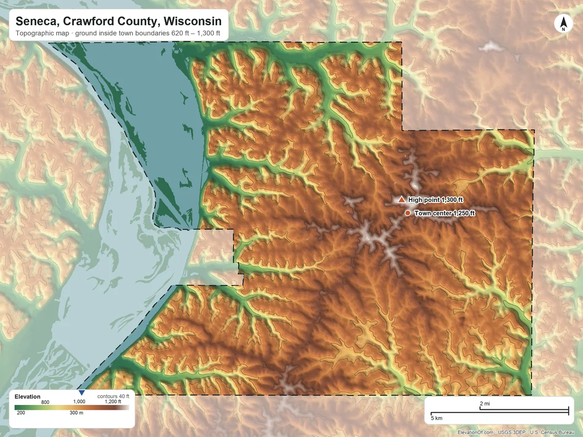Topographic elevation map of Seneca, Crawford County, Wisconsin, shaded from 620 ft on the southwest side to 1,300 ft near the middle