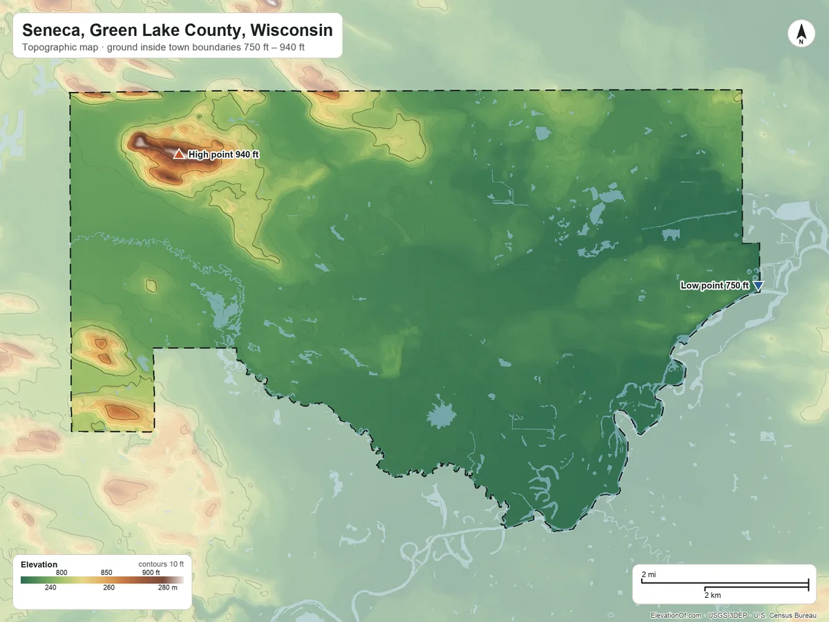 Topographic elevation map of Seneca, Green Lake County, Wisconsin, shaded from 750 ft on the east side to 940 ft on the west side