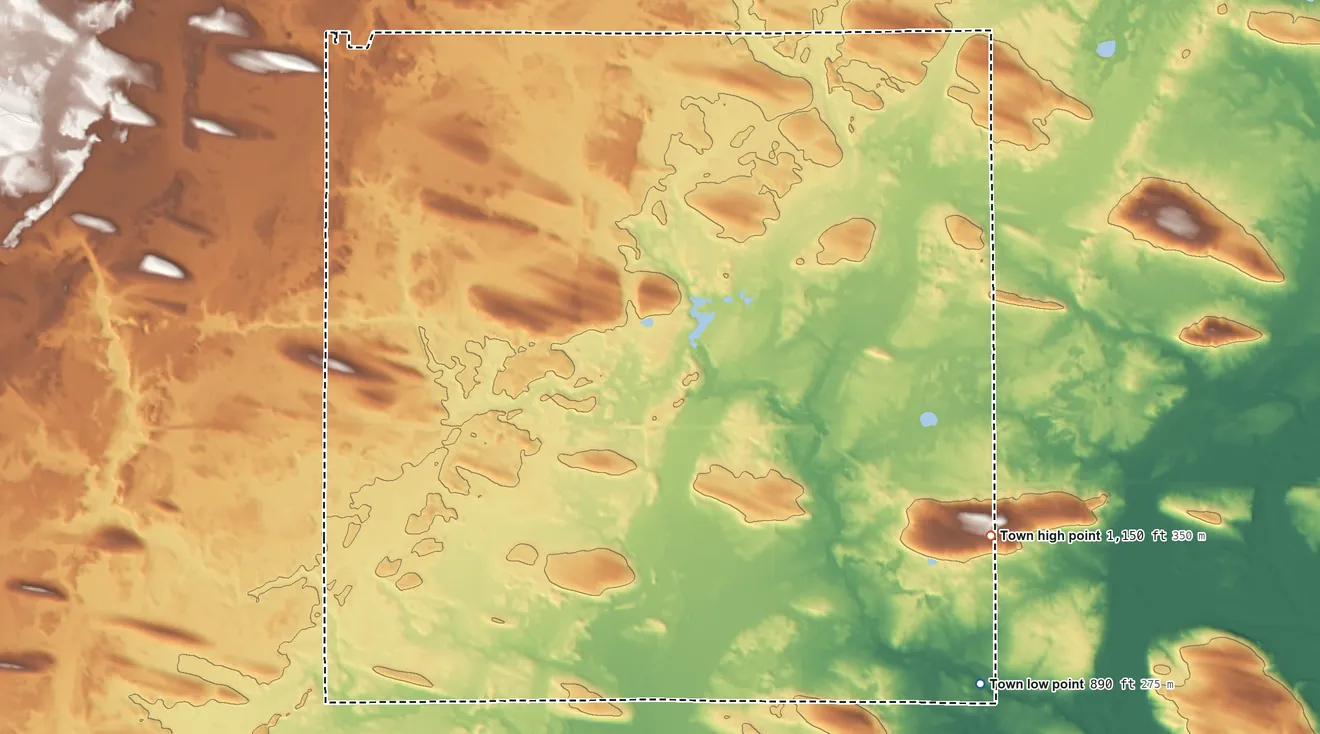 Topographic elevation map of Seneca, Shawano County, Wisconsin, shaded from 890 ft on the southeast side to 1,150 ft on the southeast side
