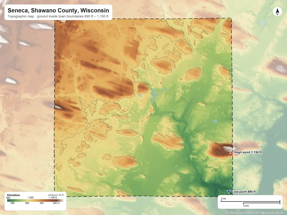 Topographic elevation map of Seneca, Shawano County, Wisconsin, shaded from 890 ft on the southeast side to 1,150 ft on the southeast side
