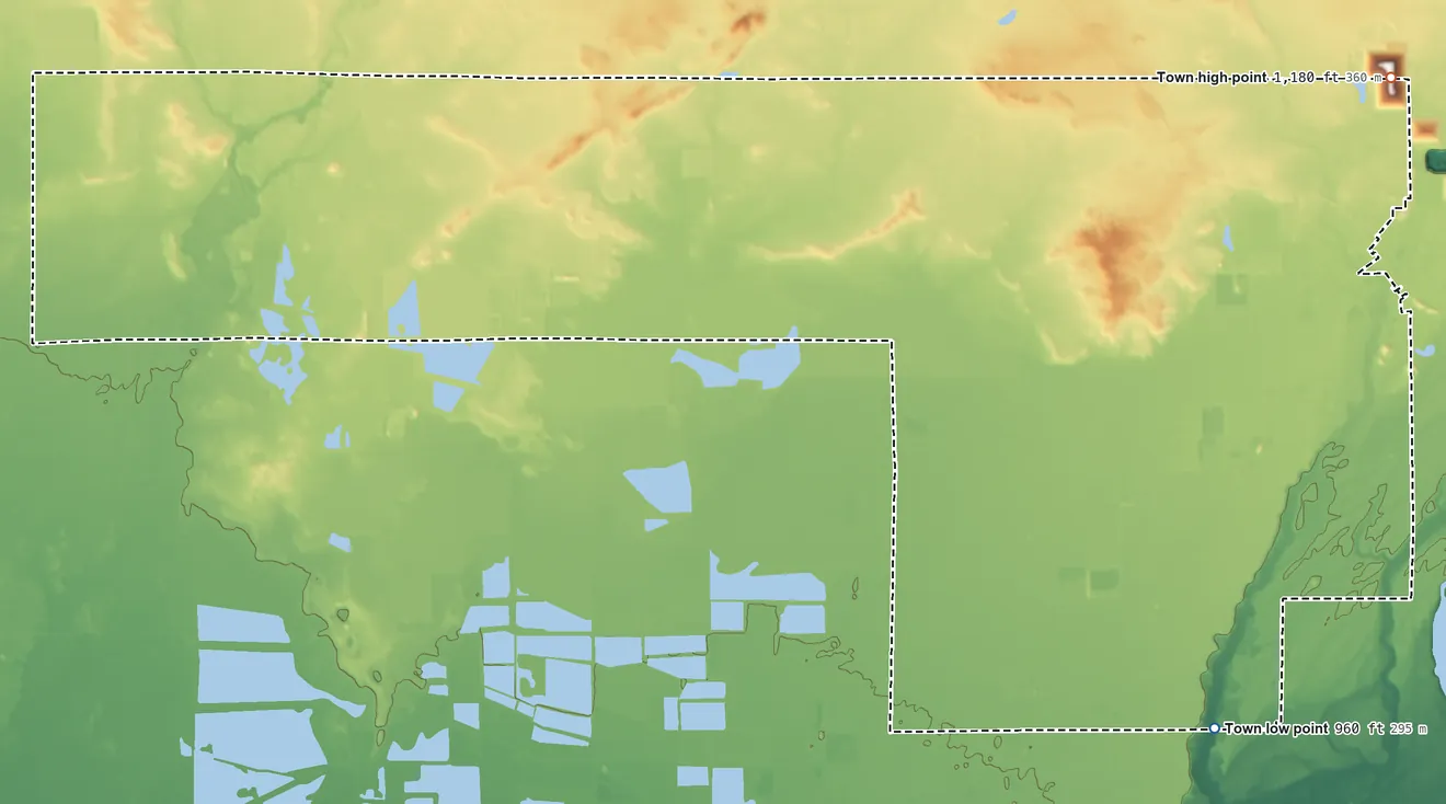 Topographic elevation map of Seneca, Wisconsin, shaded from 960 ft on the south side to 1,180 ft on the northeast side