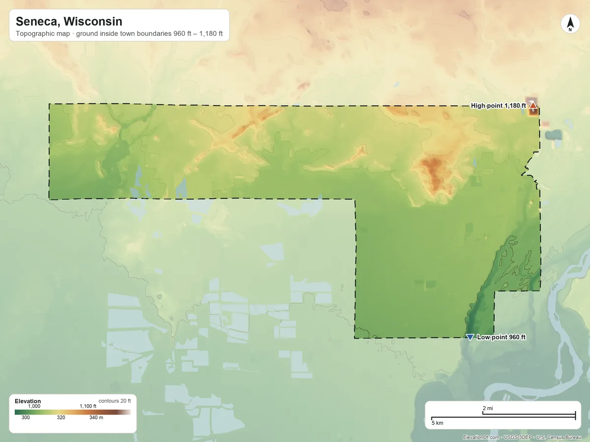 Topographic elevation map of Seneca, Wisconsin, shaded from 960 ft on the south side to 1,180 ft on the northeast side