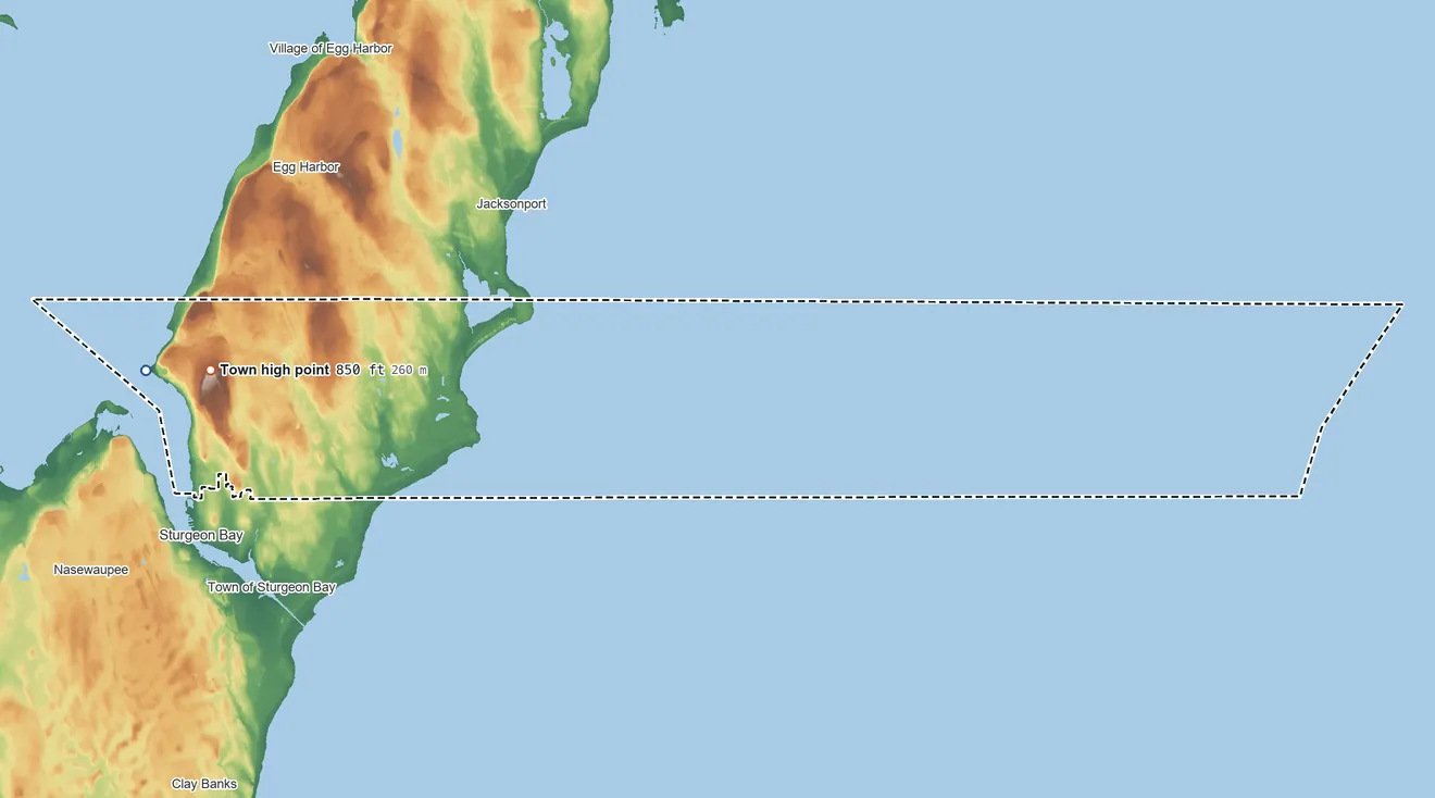 Topographic elevation map of Sevastopol, Wisconsin, shaded from 580 ft near the middle to 850 ft near the middle