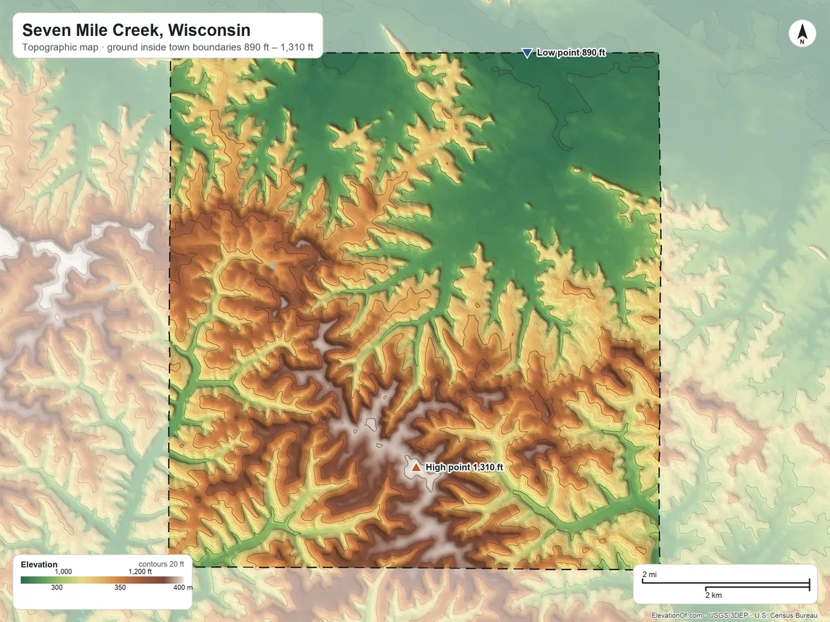 Topographic elevation map of Seven Mile Creek, Wisconsin, shaded from 890 ft on the northeast side to 1,310 ft on the south side