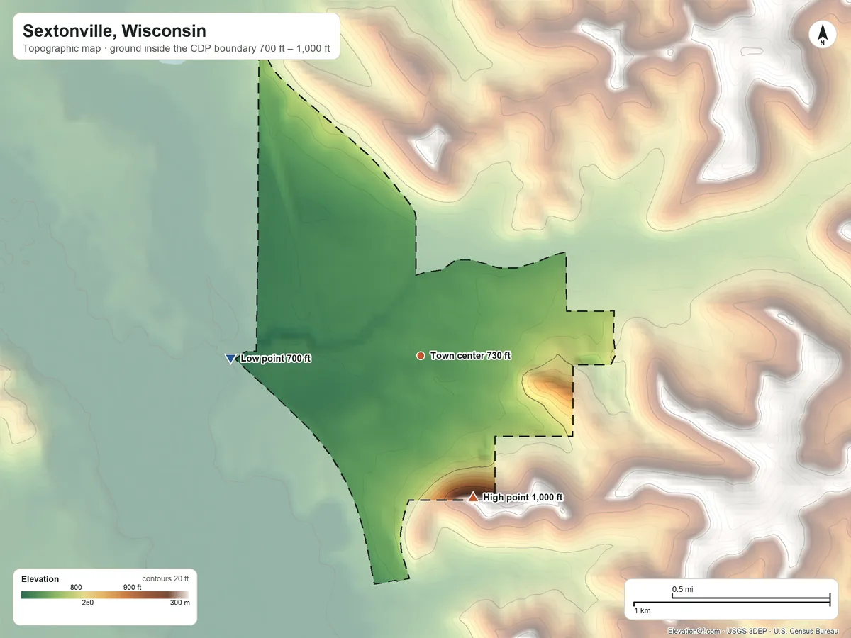 Topographic elevation map of Sextonville, Wisconsin, shaded from 700 ft on the west side to 1,000 ft on the south side
