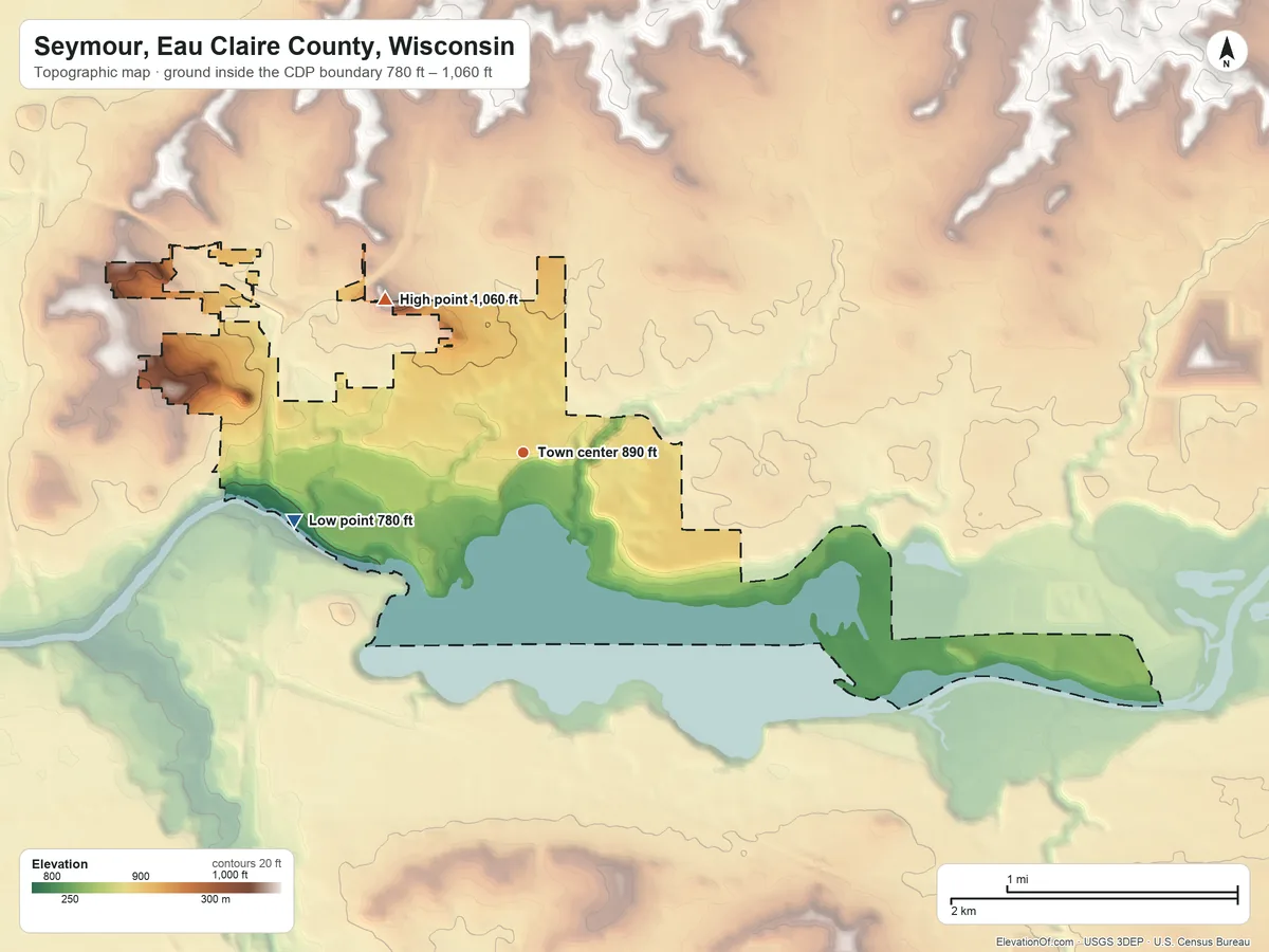 Topographic elevation map of Seymour, Eau Claire County, Wisconsin, shaded from 780 ft on the west side to 1,060 ft on the northwest side
