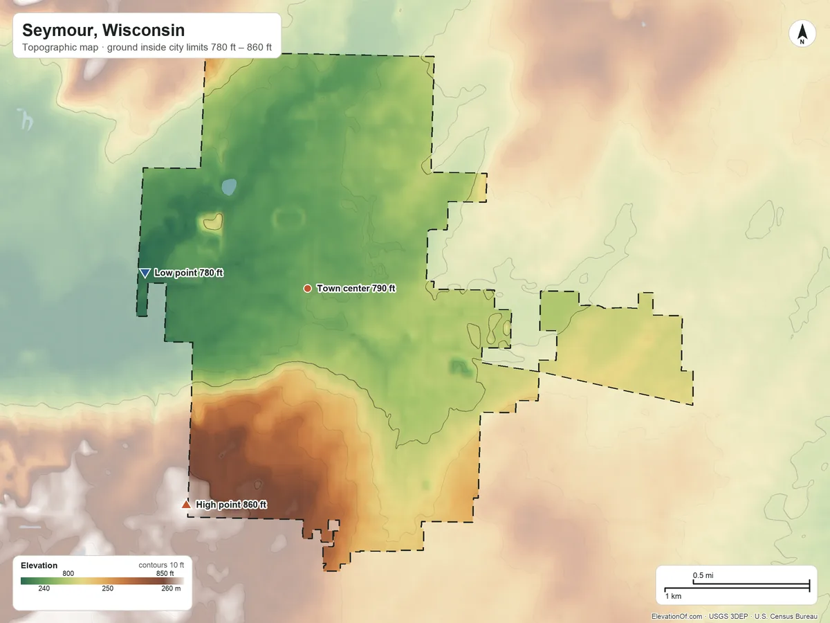 Topographic elevation map of Seymour, Wisconsin, shaded from 780 ft on the west side to 860 ft on the southwest side