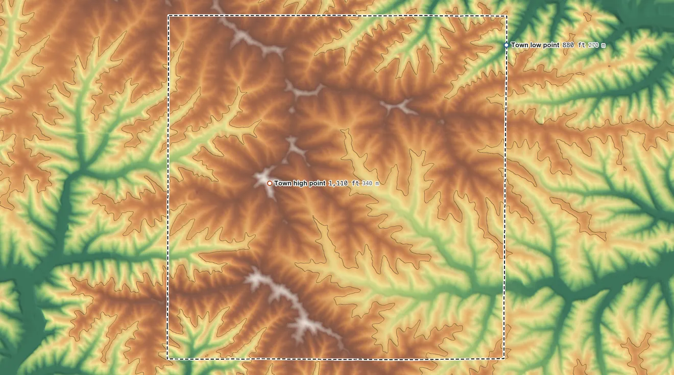 Topographic elevation map of Town of Seymour, Wisconsin, shaded from 880 ft on the northeast side to 1,110 ft on the west side