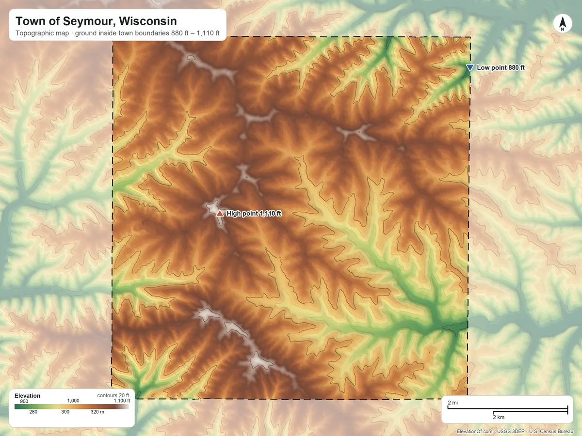 Topographic elevation map of Town of Seymour, Wisconsin, shaded from 880 ft on the northeast side to 1,110 ft on the west side