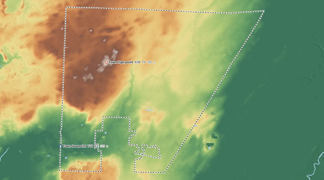 Topographic elevation map of Town of Seymour, Wisconsin, shaded from 770 ft on the southwest side to 920 ft on the northwest side