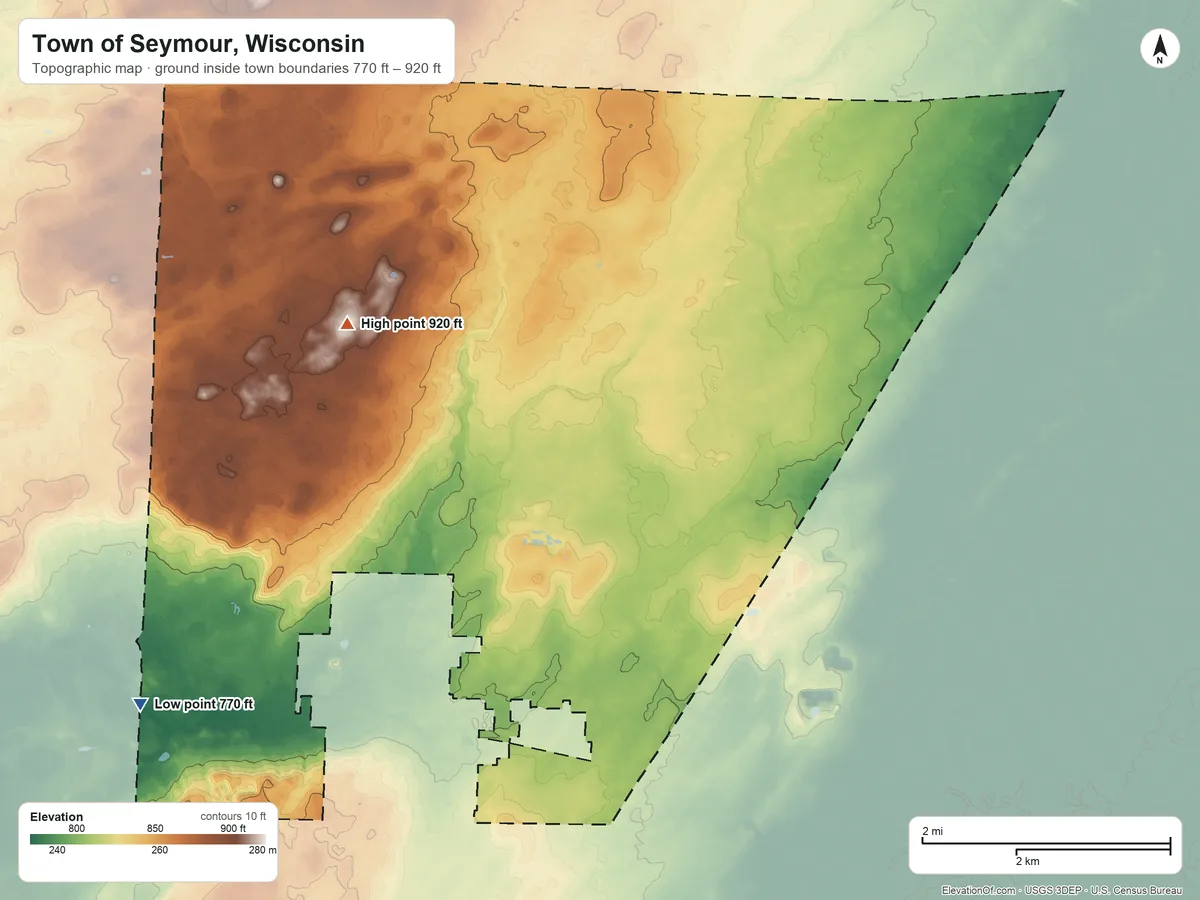 Topographic elevation map of Town of Seymour, Wisconsin, shaded from 770 ft on the southwest side to 920 ft on the northwest side