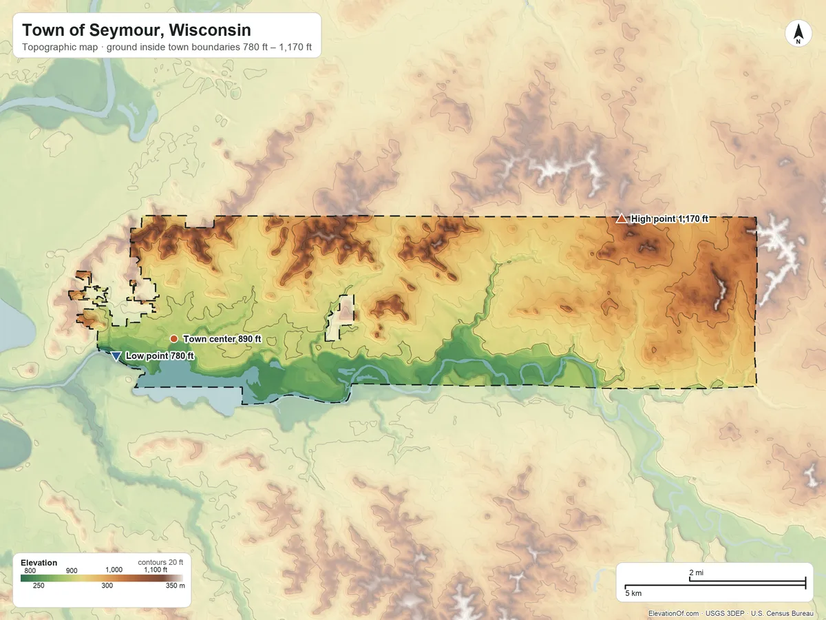 Topographic elevation map of Town of Seymour, Wisconsin, shaded from 780 ft near the middle to 1,170 ft on the east side