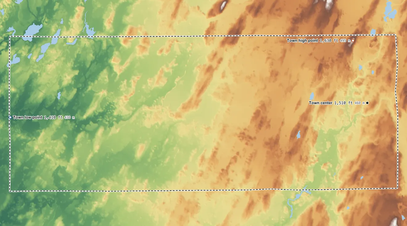 Topographic elevation map of Shanagolden, Wisconsin, shaded from 1,410 ft on the west side to 1,630 ft on the north side