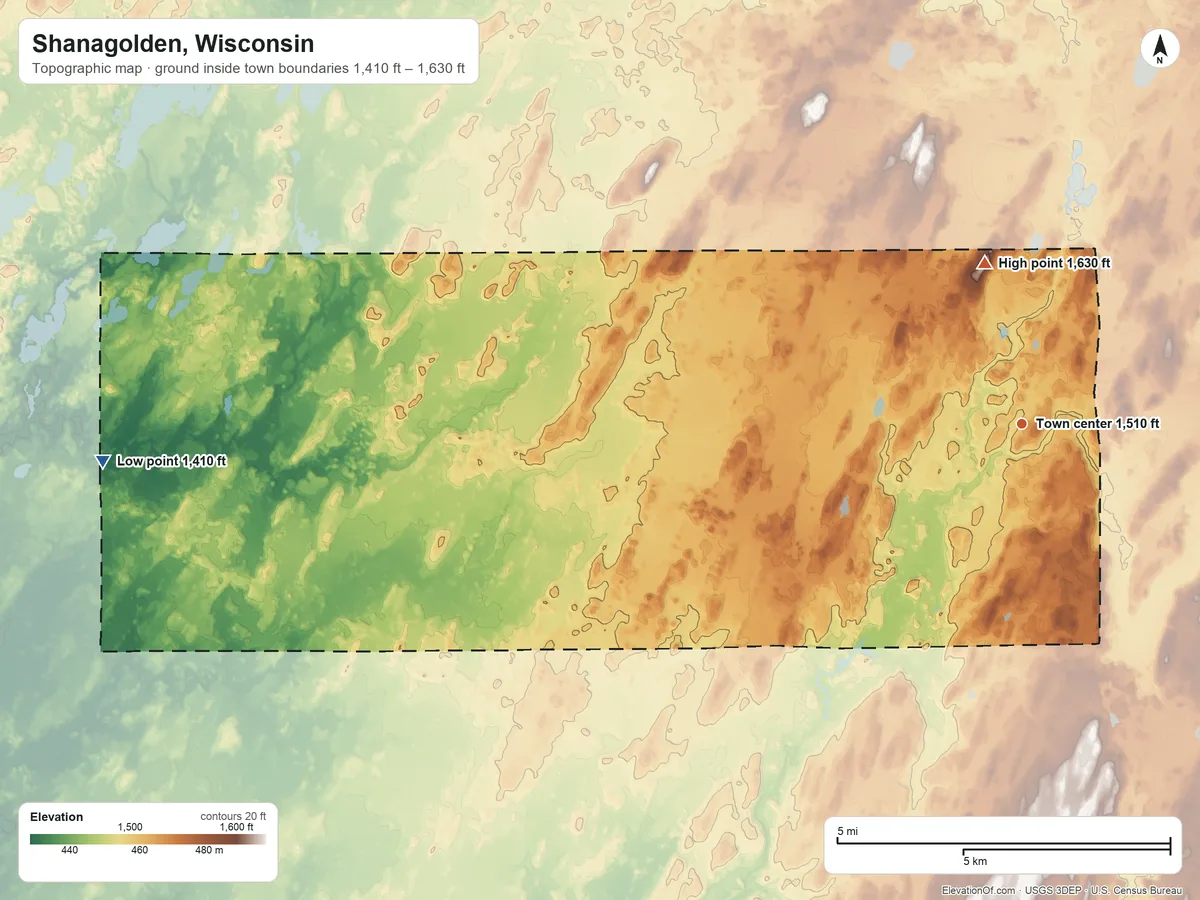 Topographic elevation map of Shanagolden, Wisconsin, shaded from 1,410 ft on the west side to 1,630 ft on the north side