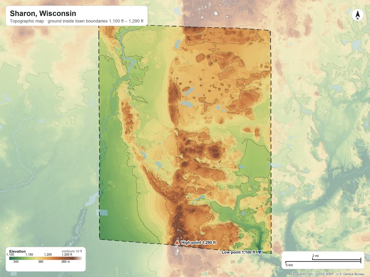Topographic elevation map of Sharon, Wisconsin, shaded from 1,100 ft on the southeast side to 1,290 ft on the south side