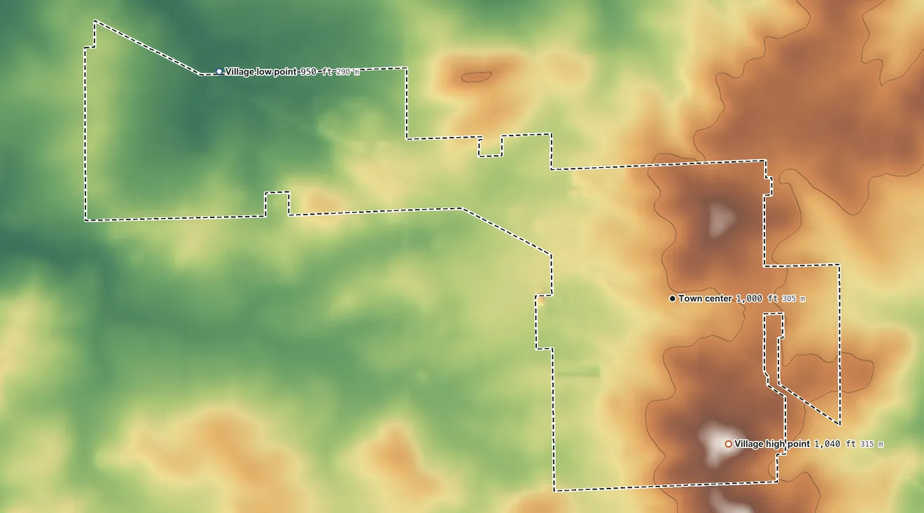 Topographic elevation map of Village of Sharon, Wisconsin, shaded from 950 ft on the northwest side to 1,040 ft on the south side