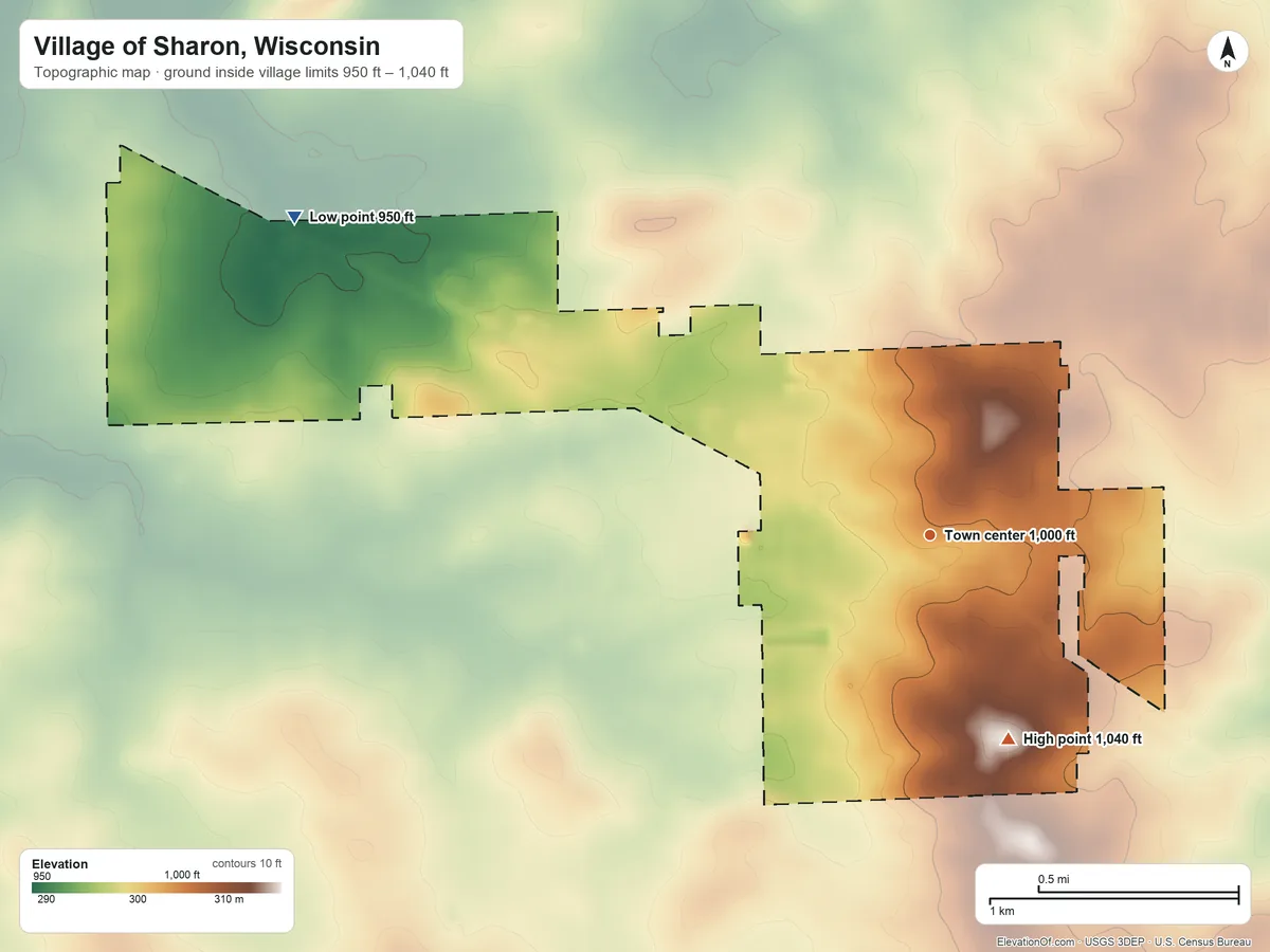 Topographic elevation map of Village of Sharon, Wisconsin, shaded from 950 ft on the northwest side to 1,040 ft on the south side