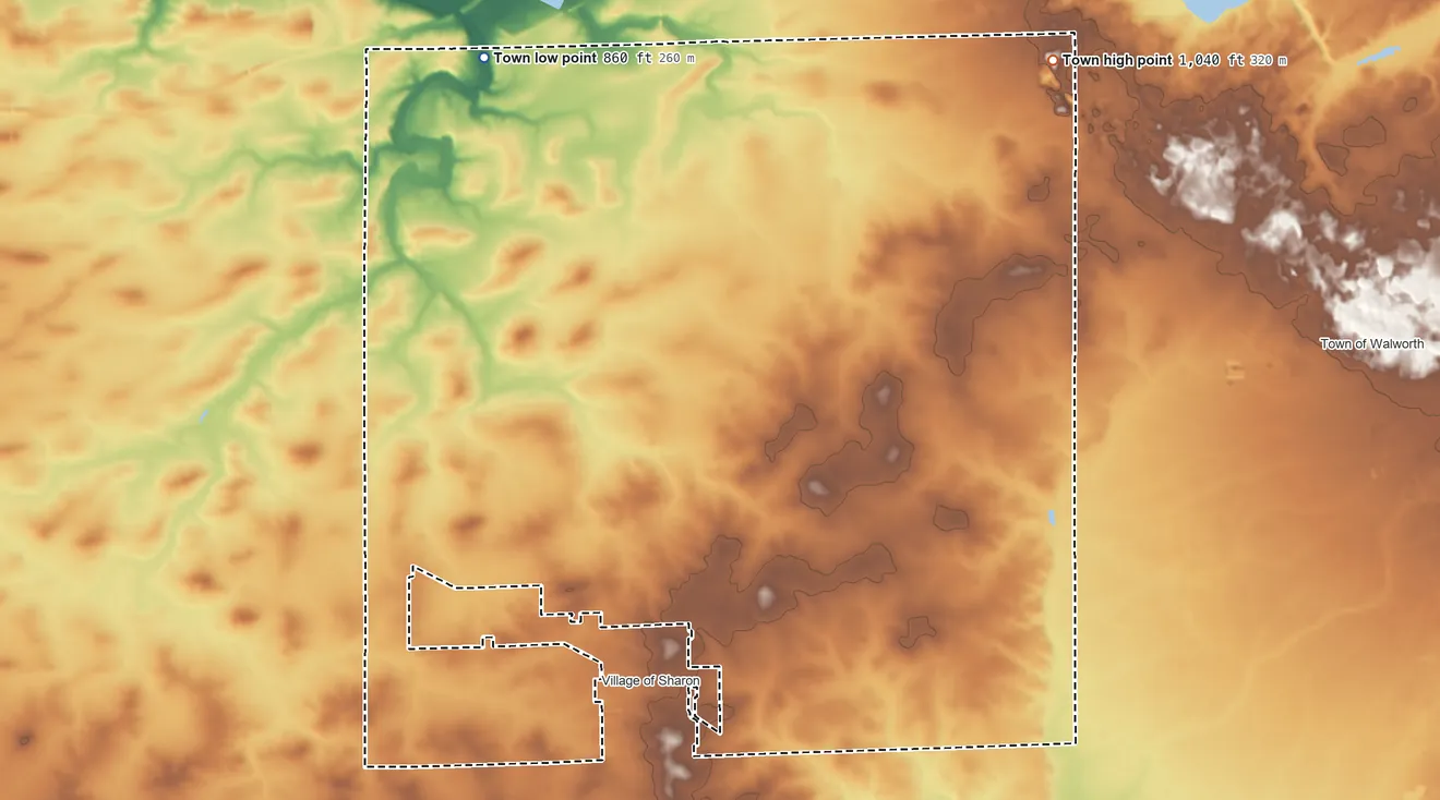 Topographic elevation map of Sharon, Walworth County, Wisconsin, shaded from 860 ft on the northwest side to 1,040 ft on the northeast side