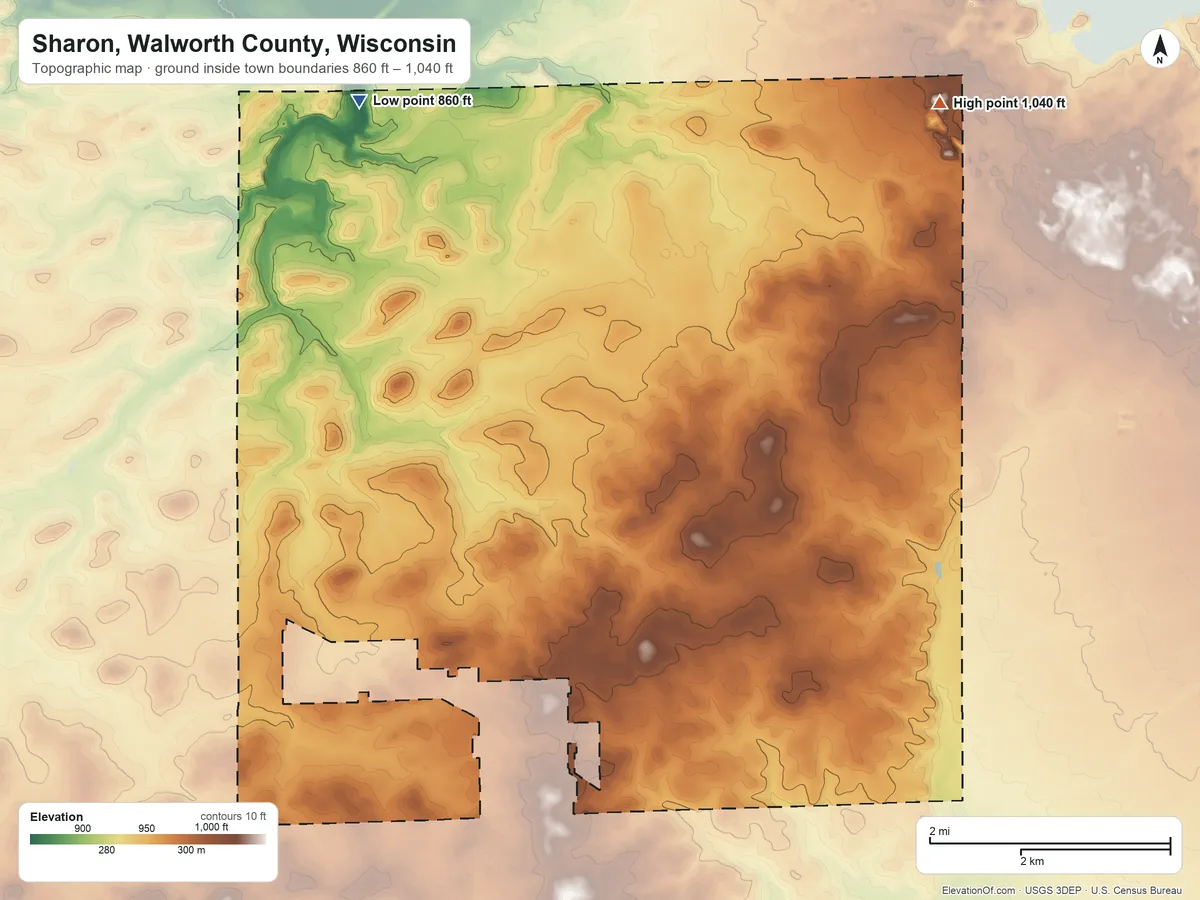 Topographic elevation map of Sharon, Walworth County, Wisconsin, shaded from 860 ft on the northwest side to 1,040 ft on the northeast side