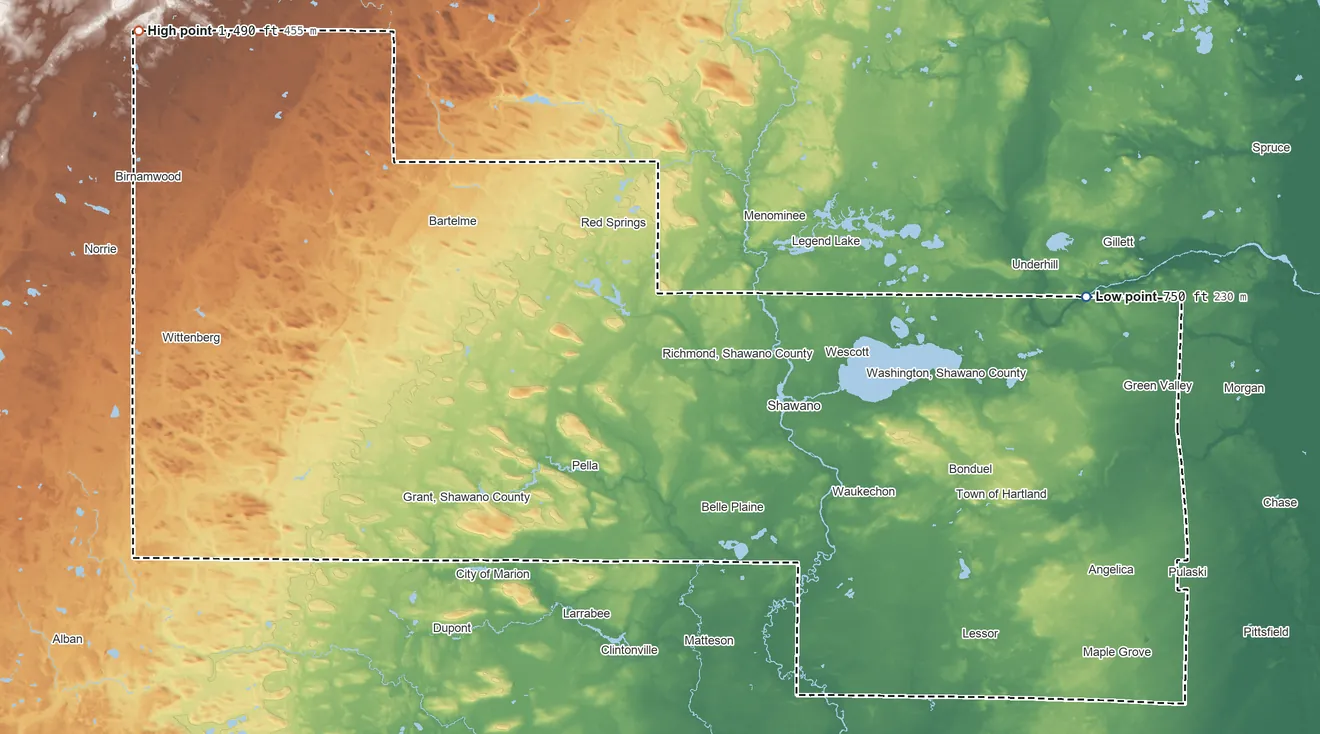 Topographic elevation map of Shawano County, Wisconsin, shaded from 750 ft on the east side to 1,490 ft on the northwest side