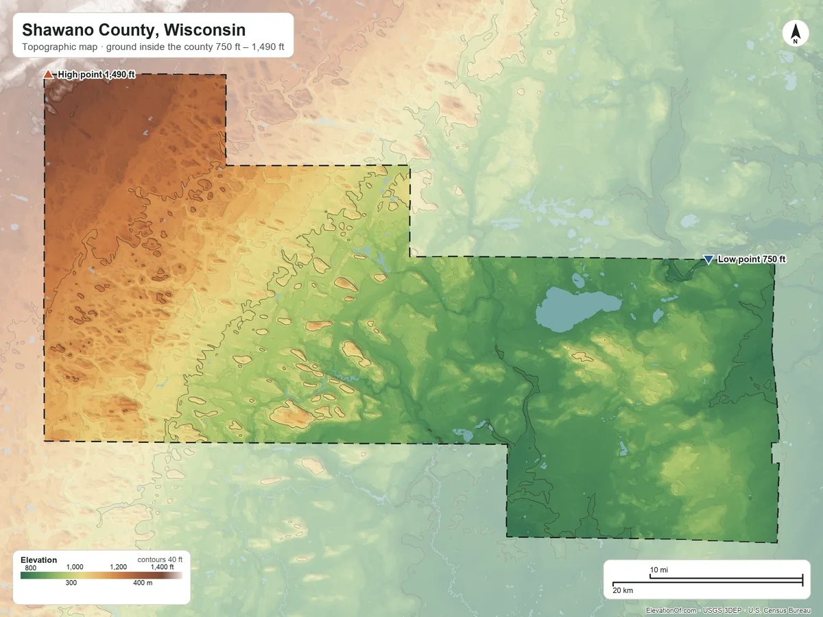 Topographic elevation map of Shawano County, Wisconsin, shaded from 750 ft on the east side to 1,490 ft on the northwest side