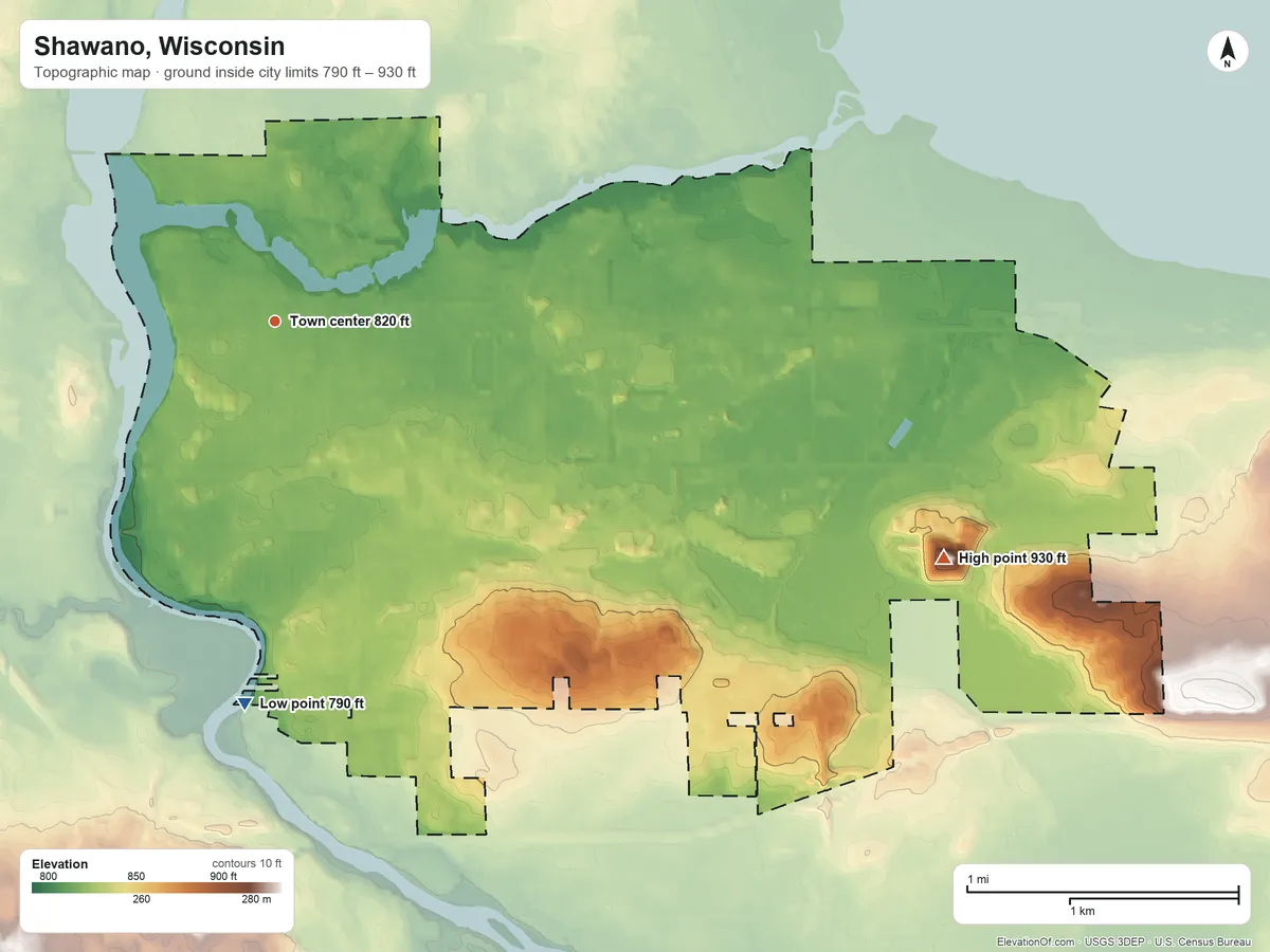 Topographic elevation map of Shawano, Wisconsin, shaded from 790 ft on the south side to 930 ft on the east side