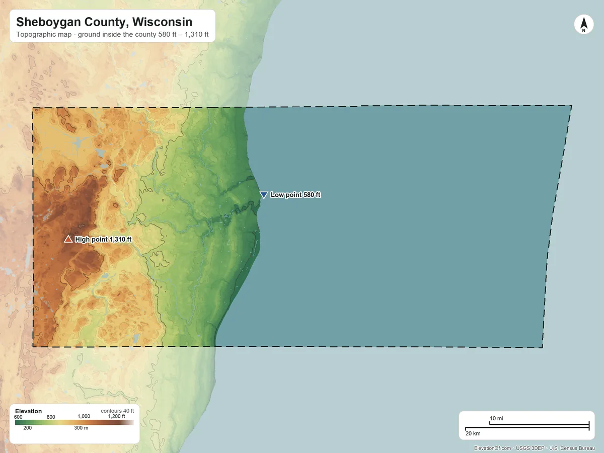 Topographic elevation map of Sheboygan County, Wisconsin, shaded from 580 ft near the middle to 1,310 ft on the west side