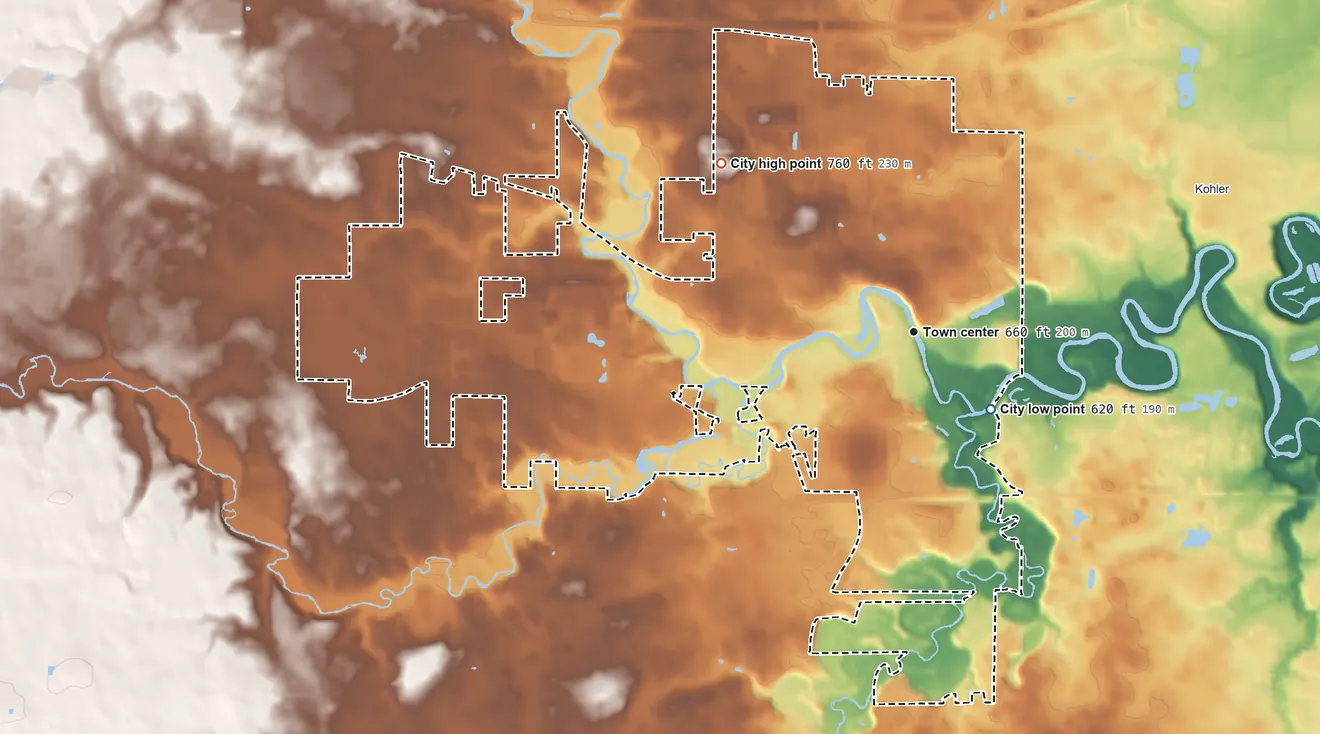 Topographic elevation map of Sheboygan Falls, Wisconsin, shaded from 620 ft on the southeast side to 760 ft on the northwest side
