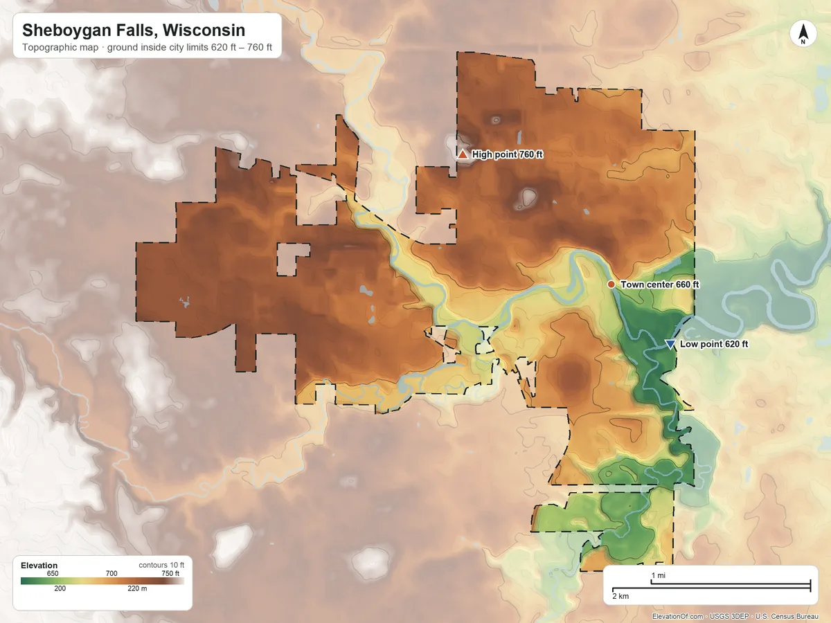 Topographic elevation map of Sheboygan Falls, Wisconsin, shaded from 620 ft on the southeast side to 760 ft on the northwest side