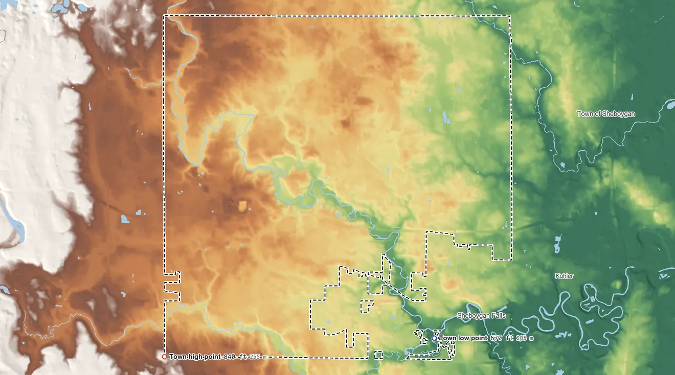 Topographic elevation map of Town of Sheboygan Falls, Wisconsin, shaded from 670 ft on the south side to 840 ft on the southwest side