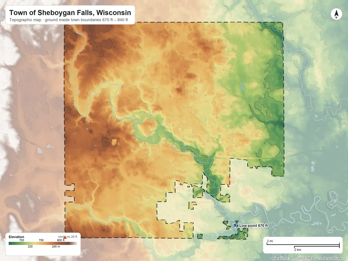 Topographic elevation map of Town of Sheboygan Falls, Wisconsin, shaded from 670 ft on the south side to 840 ft on the southwest side