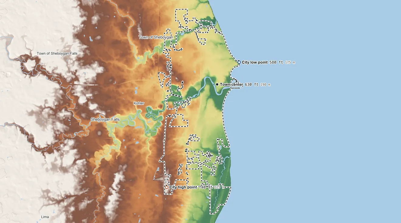 Topographic elevation map of Sheboygan, Wisconsin, shaded from 580 ft on the northeast side to 740 ft on the southwest side