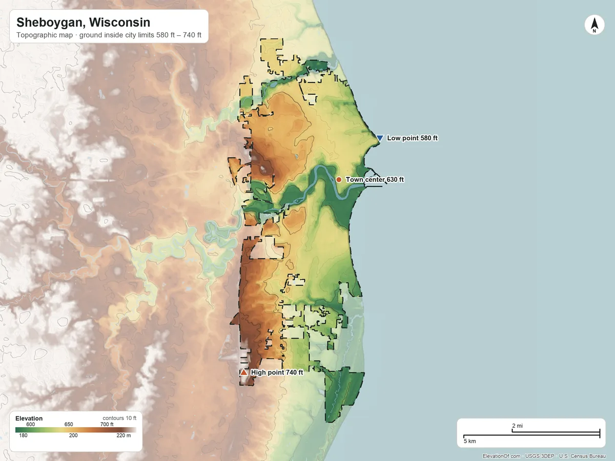 Topographic elevation map of Sheboygan, Wisconsin, shaded from 580 ft on the northeast side to 740 ft on the southwest side