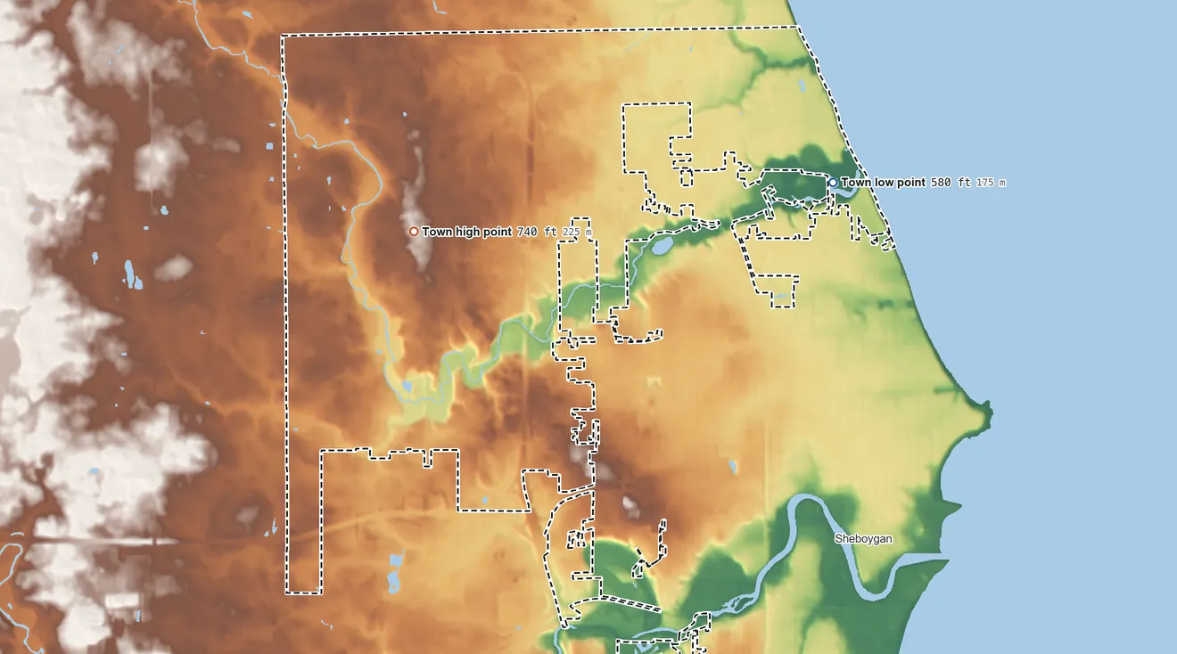 Topographic elevation map of Town of Sheboygan, Wisconsin, shaded from 580 ft on the east side to 740 ft on the west side
