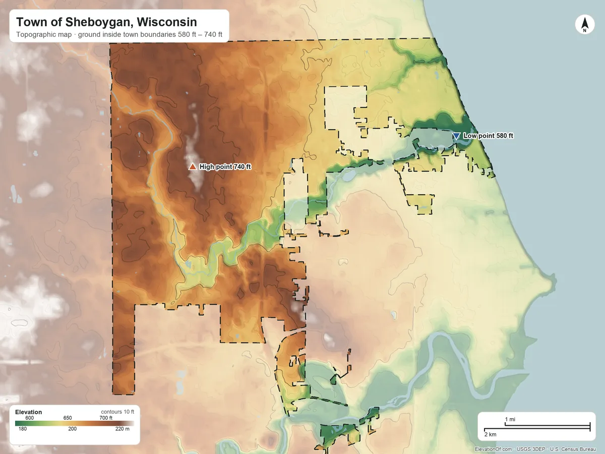 Topographic elevation map of Town of Sheboygan, Wisconsin, shaded from 580 ft on the east side to 740 ft on the west side