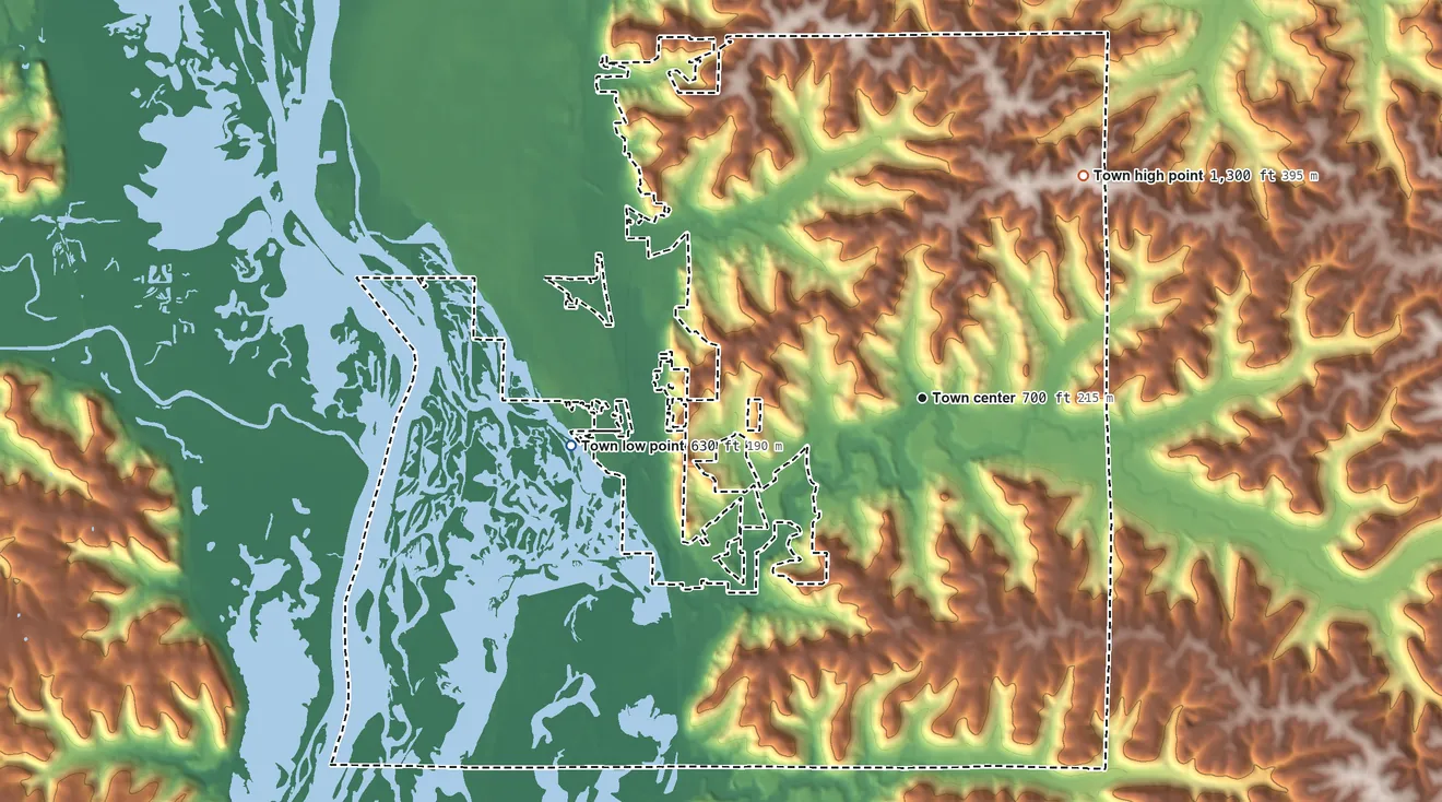 Topographic elevation map of Shelby, Wisconsin, shaded from 630 ft on the west side to 1,300 ft on the northeast side