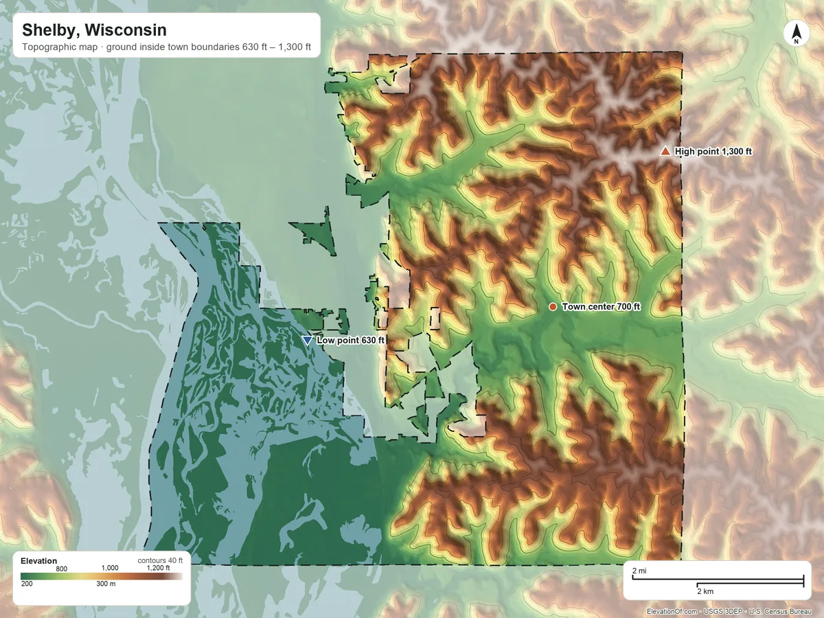 Topographic elevation map of Shelby, Wisconsin, shaded from 630 ft on the west side to 1,300 ft on the northeast side