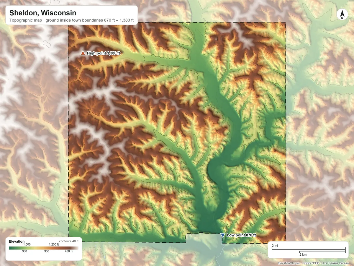 Topographic elevation map of Sheldon, Wisconsin, shaded from 870 ft on the southeast side to 1,380 ft on the northwest side