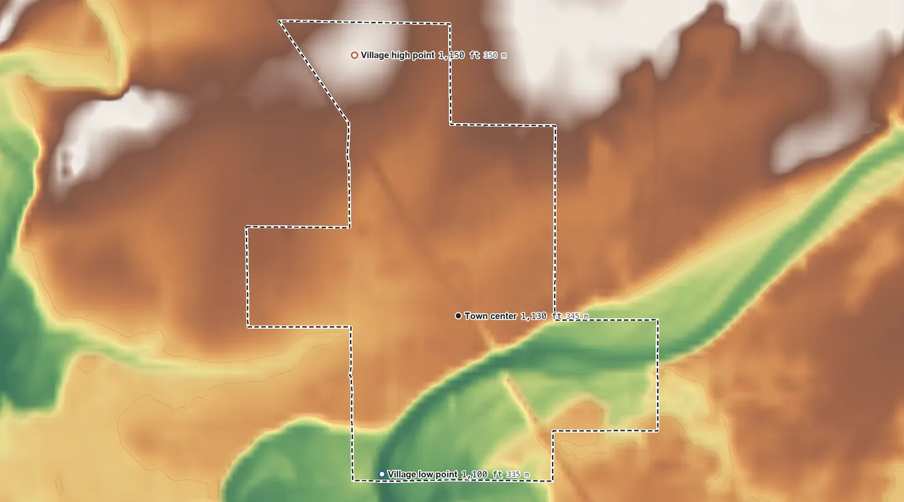 Topographic elevation map of Village of Sheldon, Wisconsin, shaded from 1,100 ft on the southwest side to 1,150 ft on the north side