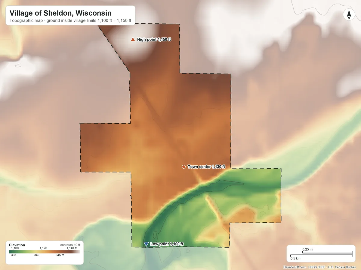 Topographic elevation map of Village of Sheldon, Wisconsin, shaded from 1,100 ft on the southwest side to 1,150 ft on the north side