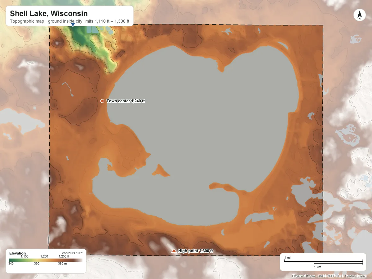 Topographic elevation map of Shell Lake, Wisconsin, shaded from 1,110 ft on the north side to 1,300 ft on the southeast side