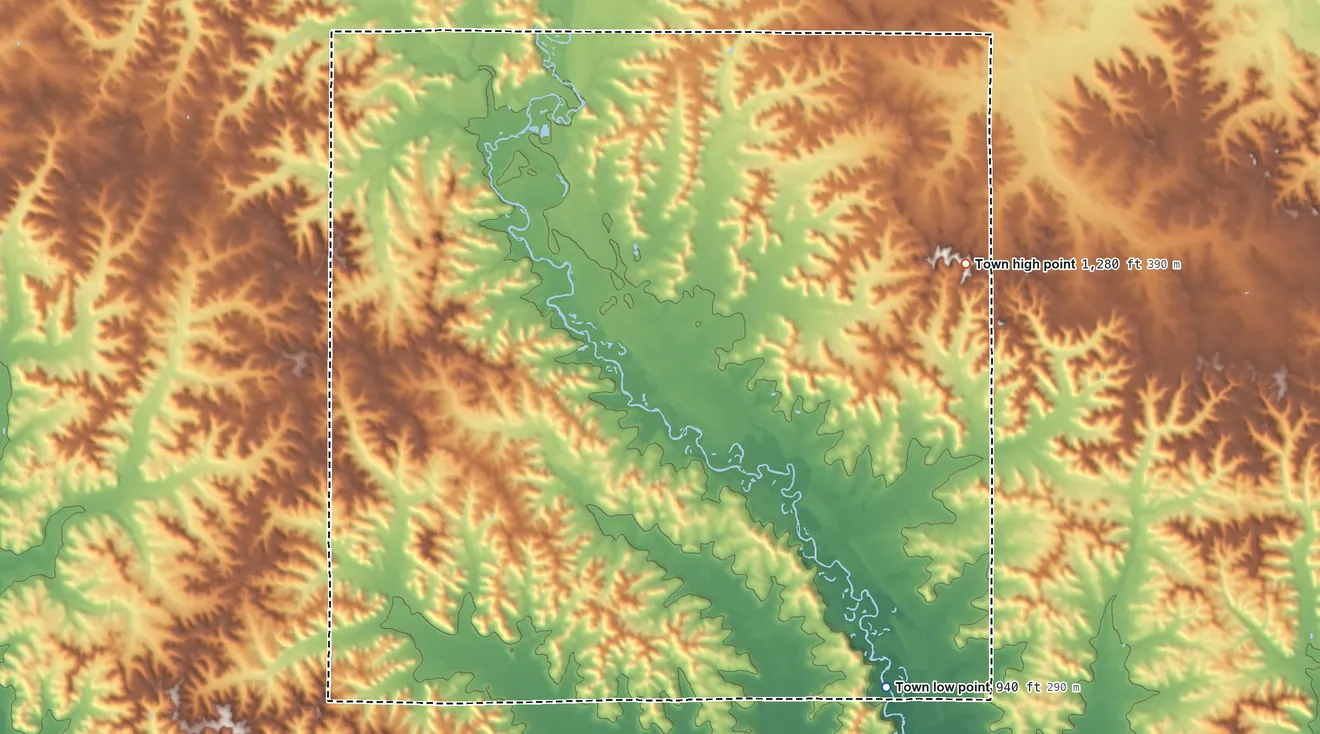 Topographic elevation map of Sheridan, Wisconsin, shaded from 940 ft on the southeast side to 1,280 ft on the east side