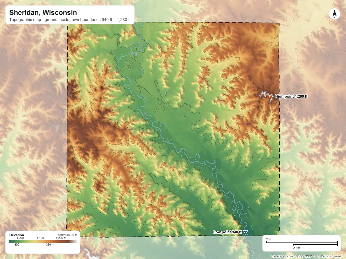 Topographic elevation map of Sheridan, Wisconsin, shaded from 940 ft on the southeast side to 1,280 ft on the east side