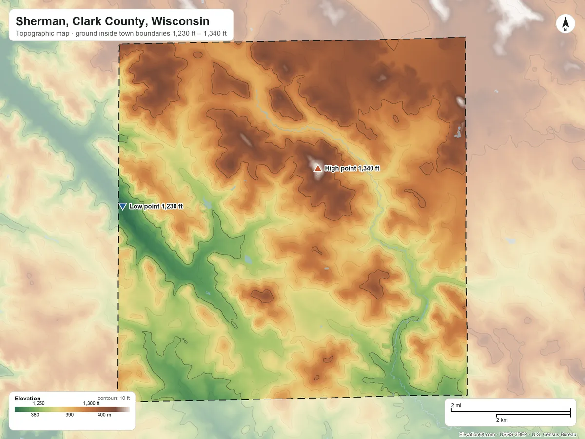 Topographic elevation map of Sherman, Clark County, Wisconsin, shaded from 1,230 ft on the west side to 1,340 ft near the middle