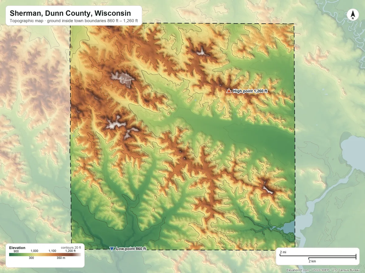 Topographic elevation map of Sherman, Dunn County, Wisconsin, shaded from 860 ft on the southwest side to 1,260 ft on the northeast side