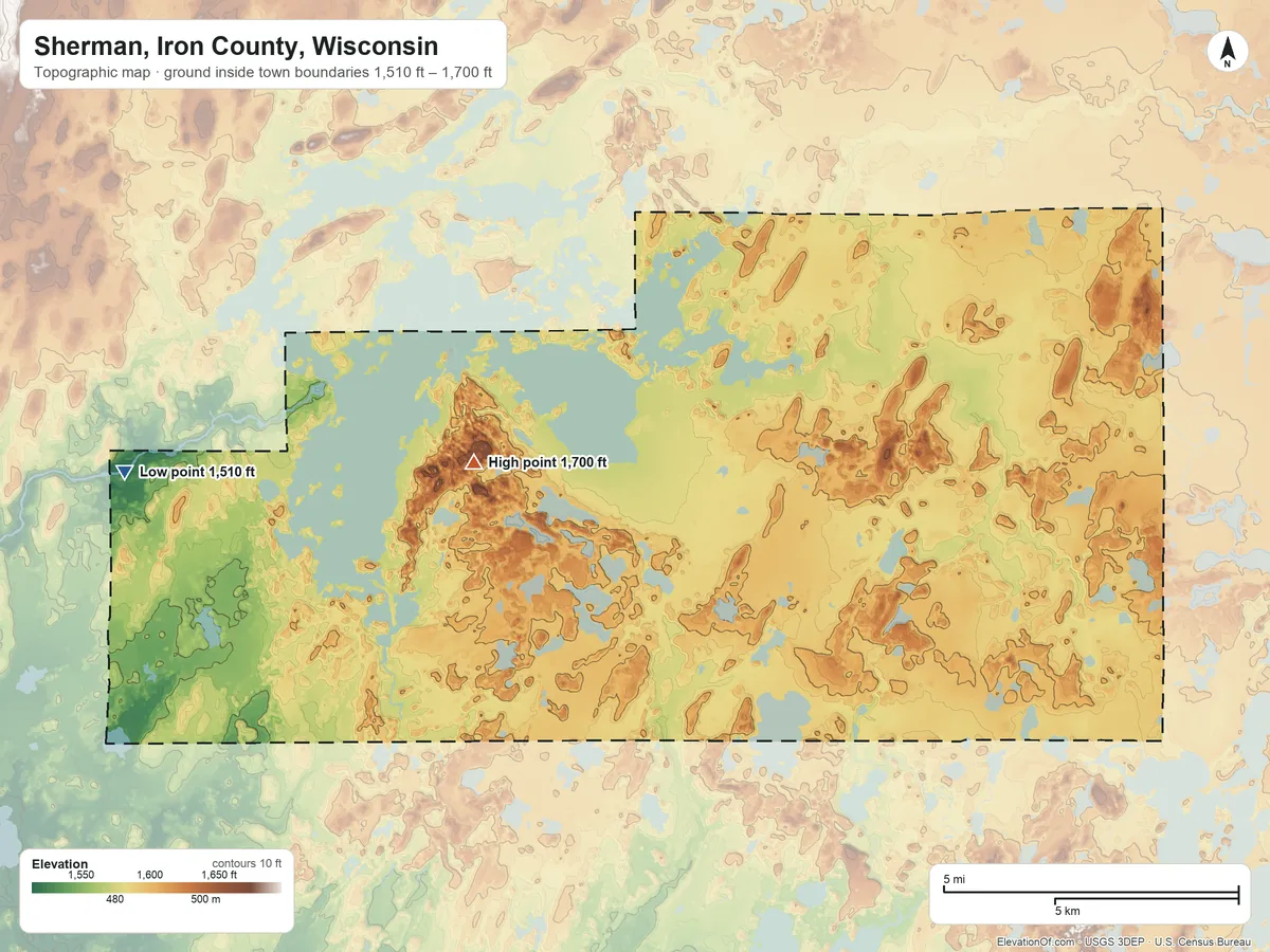Topographic elevation map of Sherman, Iron County, Wisconsin, shaded from 1,510 ft on the west side to 1,700 ft on the northwest side
