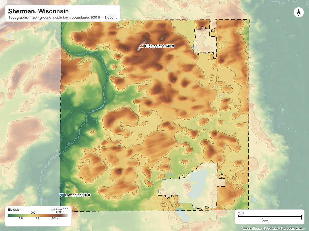 Topographic elevation map of Sherman, Wisconsin, shaded from 800 ft on the southwest side to 1,030 ft on the north side